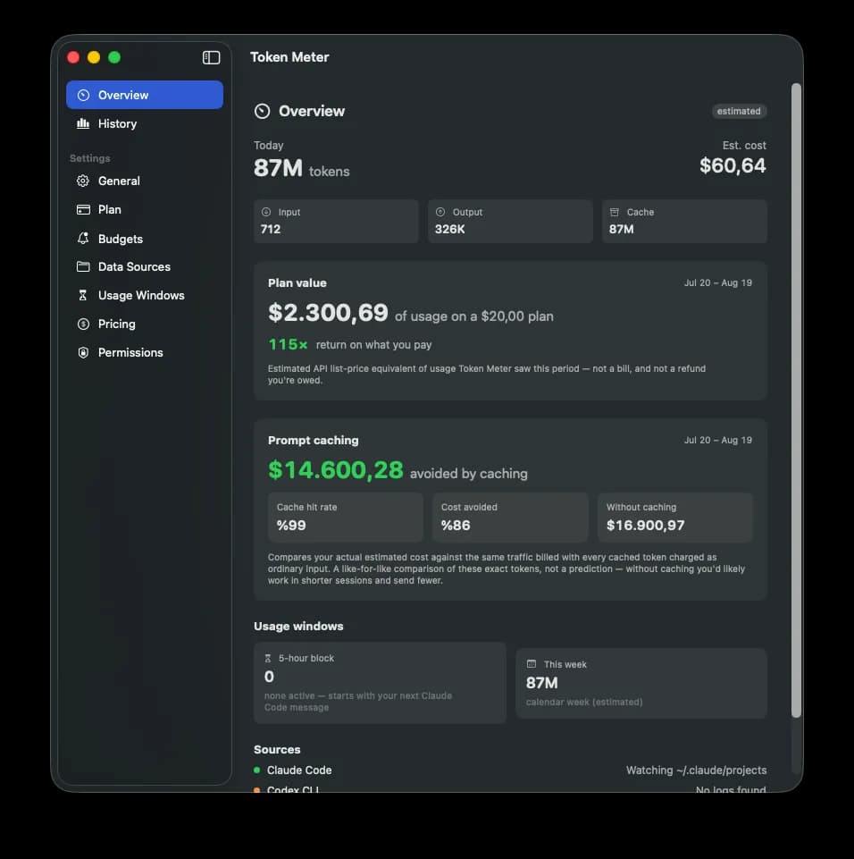 Token Meter's Overview window on macOS, showing today's estimated tokens and cost, a Plan value panel reading $2,300.69 of usage on a $20.00 plan at 115× return, and a Prompt caching panel with a 99% cache hit rate.