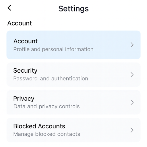 Settings menu with Account section highlighted