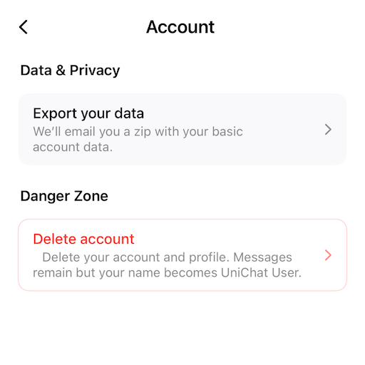 Account settings showing “Export your data” option