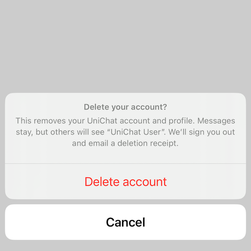 confirmation sheet with “Delete account” and “Cancel”