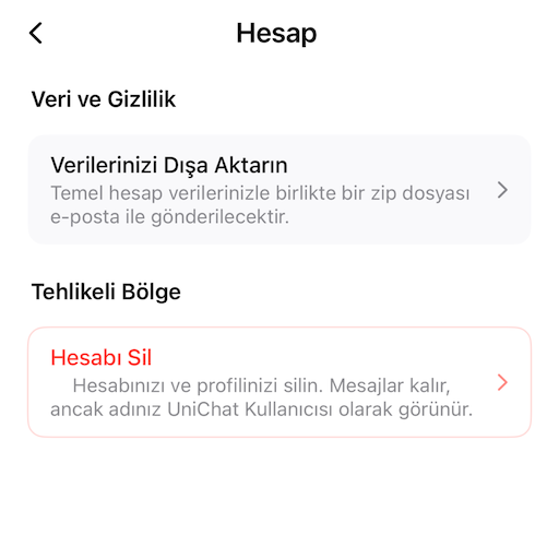 “Verilerinizi dışa aktar“ seçeneğini gösteren hesap ayarları