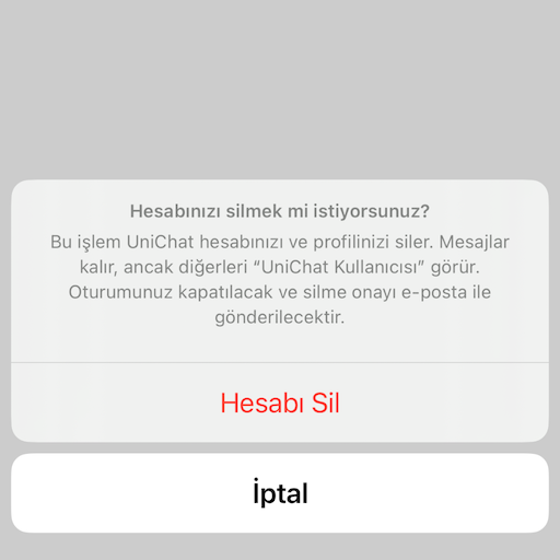 “Hesabı sil / İptal” seçenekli onay sayfası